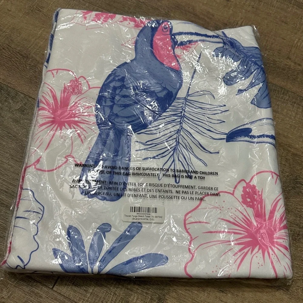 Tipsy Elves Toucan Tango Beach Towel Blue Pink White Tropical Floral 30x60  NEW